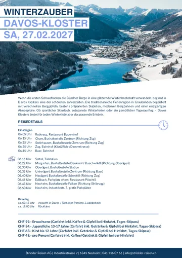 Vorschau Reiseprogramm Tagesfahrt ins Schneeparadies Davos-Kloster